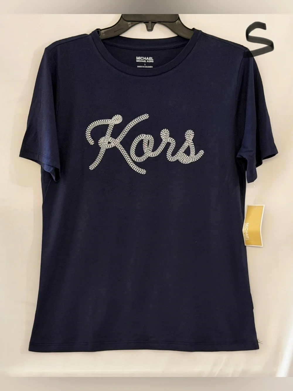 Michael Kors Navy Blue Logo Tee with Silver Rope Script